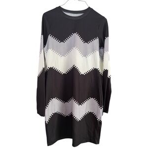 Unbranded Black Grey White Chevron Zig Zag Long Sleeve T-Shirt Dress Womens M
